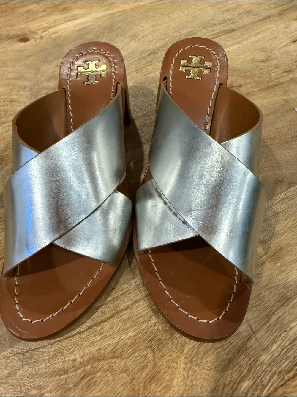 Tory Burch Silver Crisscross Leather Slide Mules